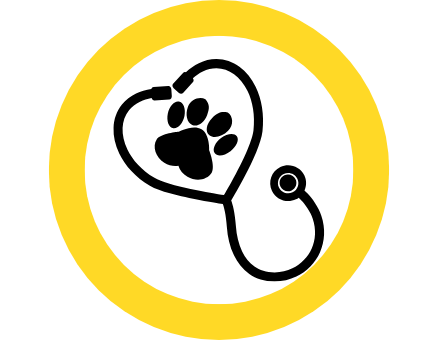 A stethoscope icon with a paw print icon inside a yellow circle frame